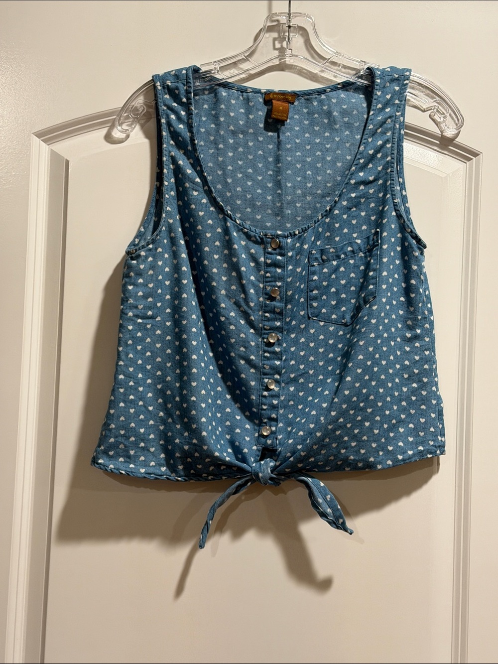 Copper Key Blue Sleeveless Tie-Front Tank with White Heart Print